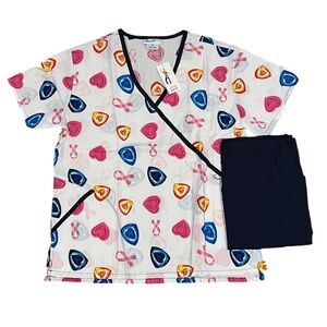 Liana Women’s Scrub Set Small NWT Pink Ribbon Heart Print Top & Pants